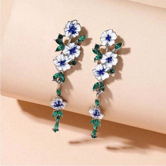 NIB 925 Plated Enamel Flower Inlay Drop Earrings with Crystal Accents - Picture 9 of 16